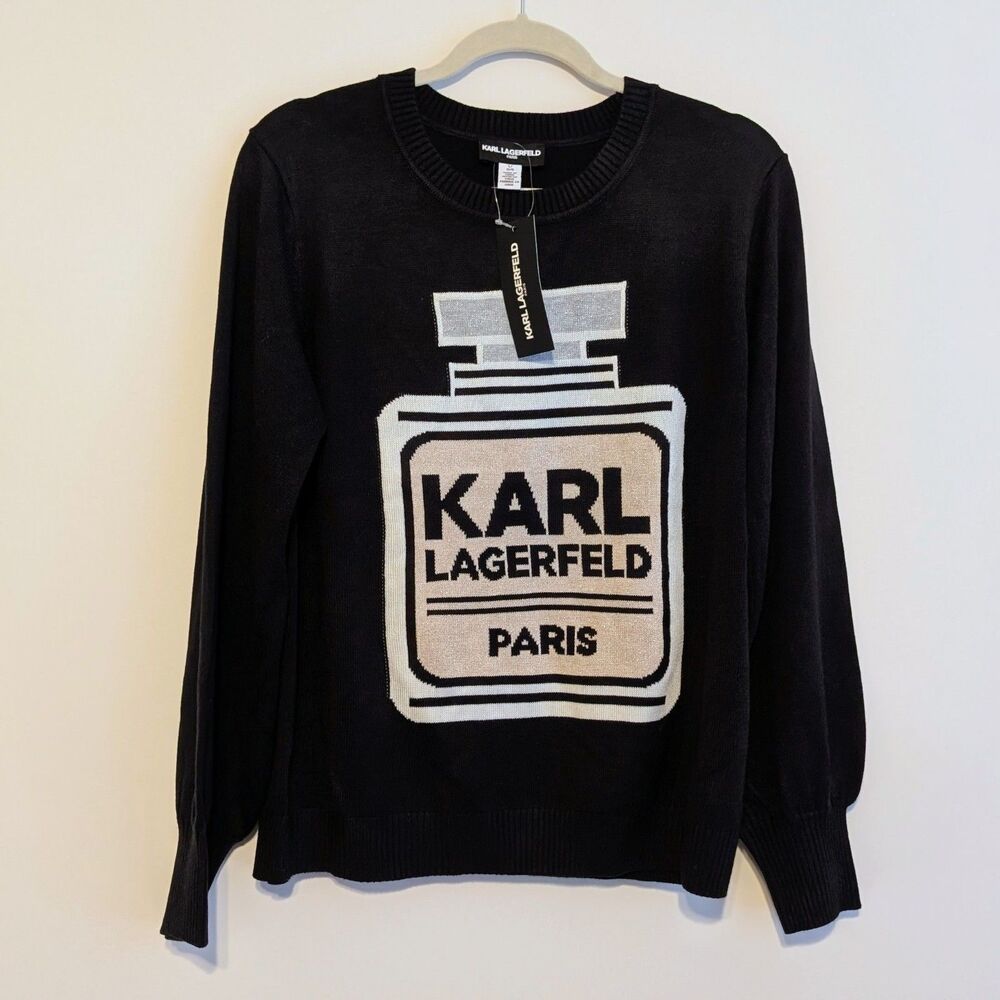 NEW Karl Lagerfeld Paris Black Perfume Bottle Sweater Size Women's Large